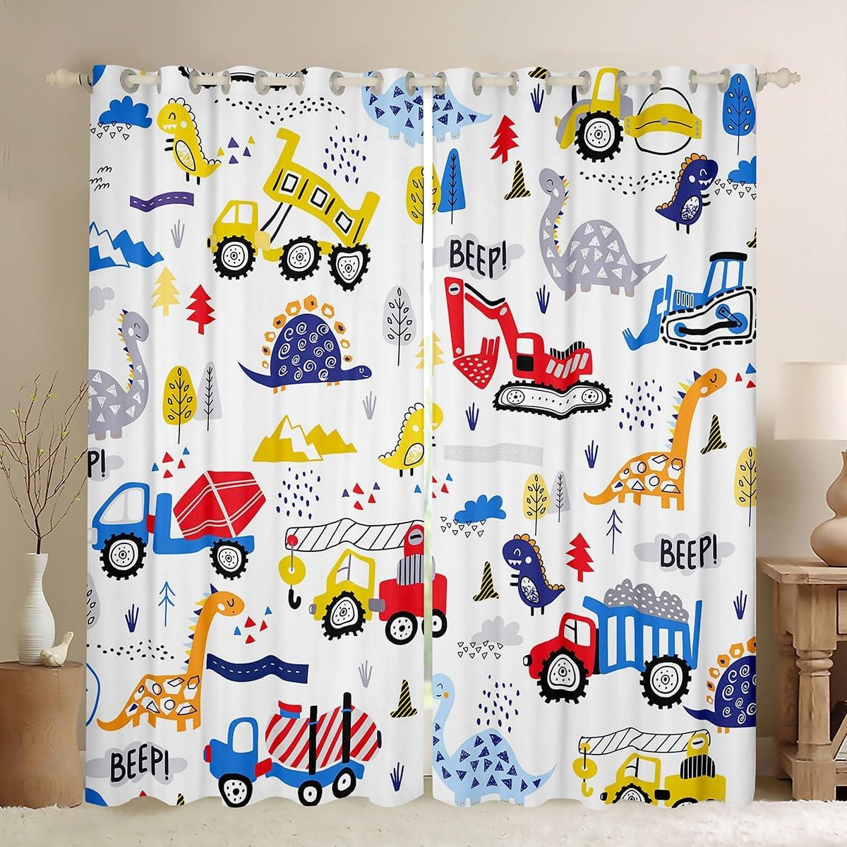 Cartoon Car Window Curtains for Bedroom Living Rooms Boys Kids Construction Dinosaur Window Drapes Treatments Equipment Trucks Curtains Vehicles Kawaii Dino Decor,Red Yellow Blue 42W X 63L,2