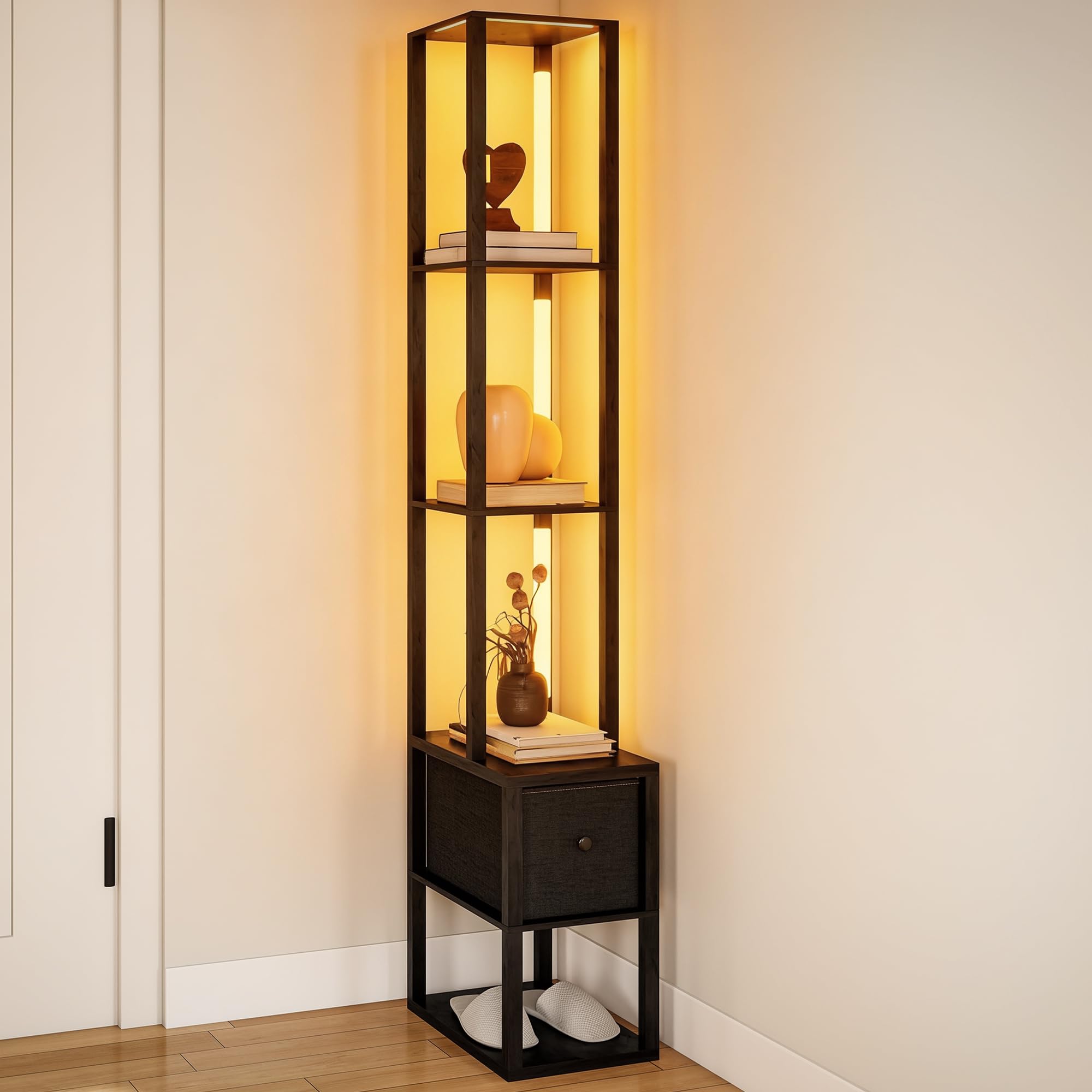 HOMCOM LED Floor Lamp with Shelves - Black - Adjustable Brightness - Foot Switch - Bedroom Lamp