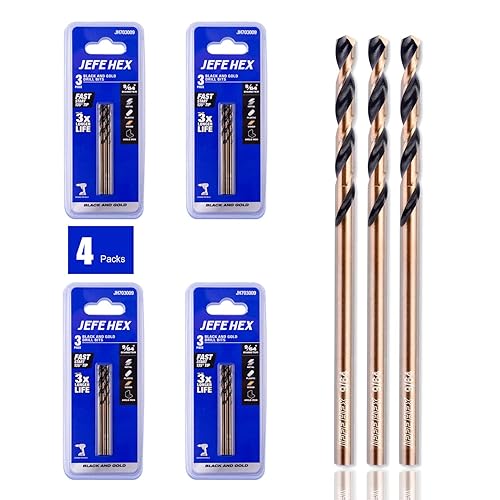 JEFE HEX 12 piezas de 964 pulgadas (paquete de 3, 4 unidades, total 12) HSS negro y dorado, punta dividida de 135 grados