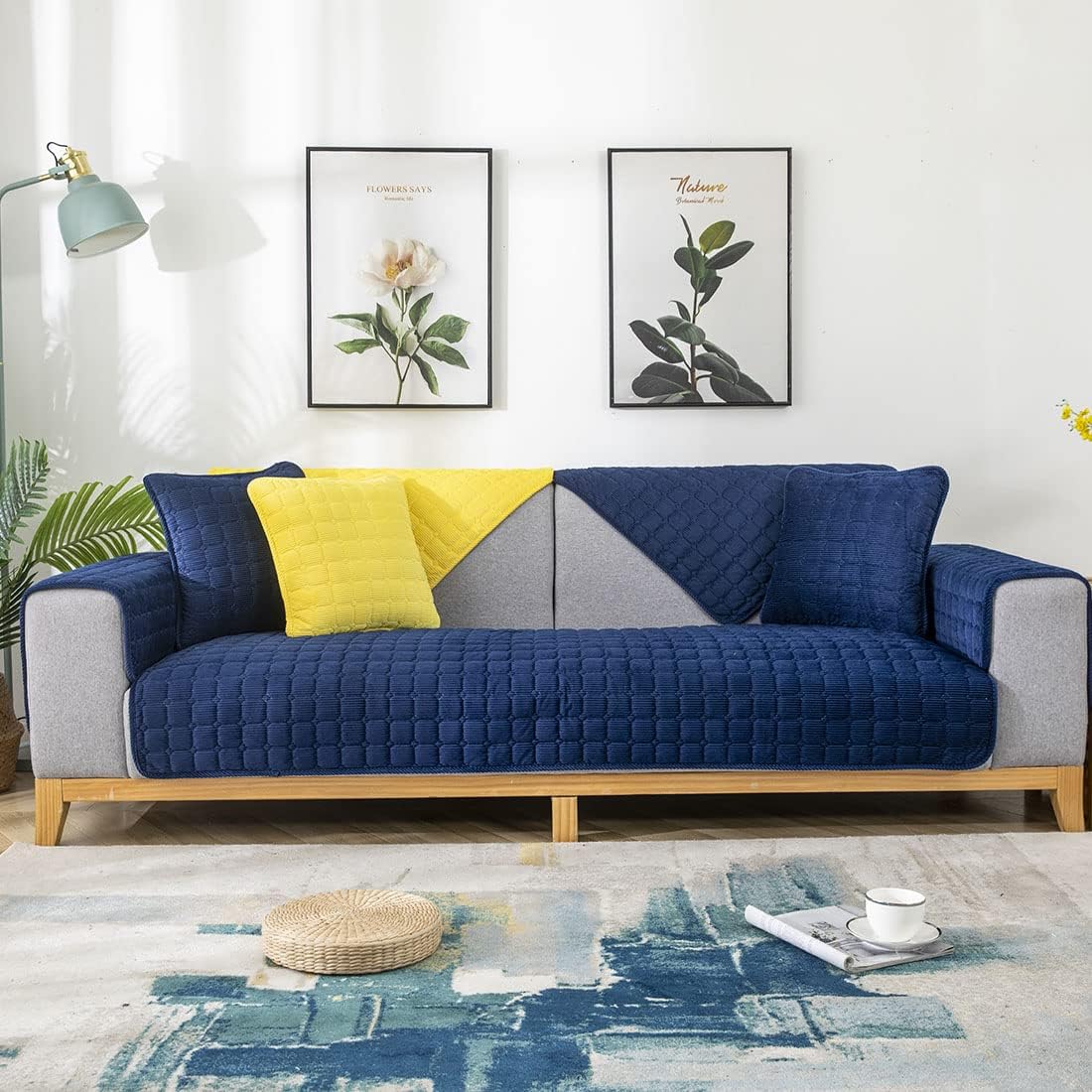 vctops Soft Corduroy Plaid Sectional Couch Covers Non Slip Quilted Sofa Couch Covers Sofa Slipcover for Dogs Cats Pet Love Seat Recliner Leather L Shaped, Armrest Backrest Cover(Sky Blue,43"x94")