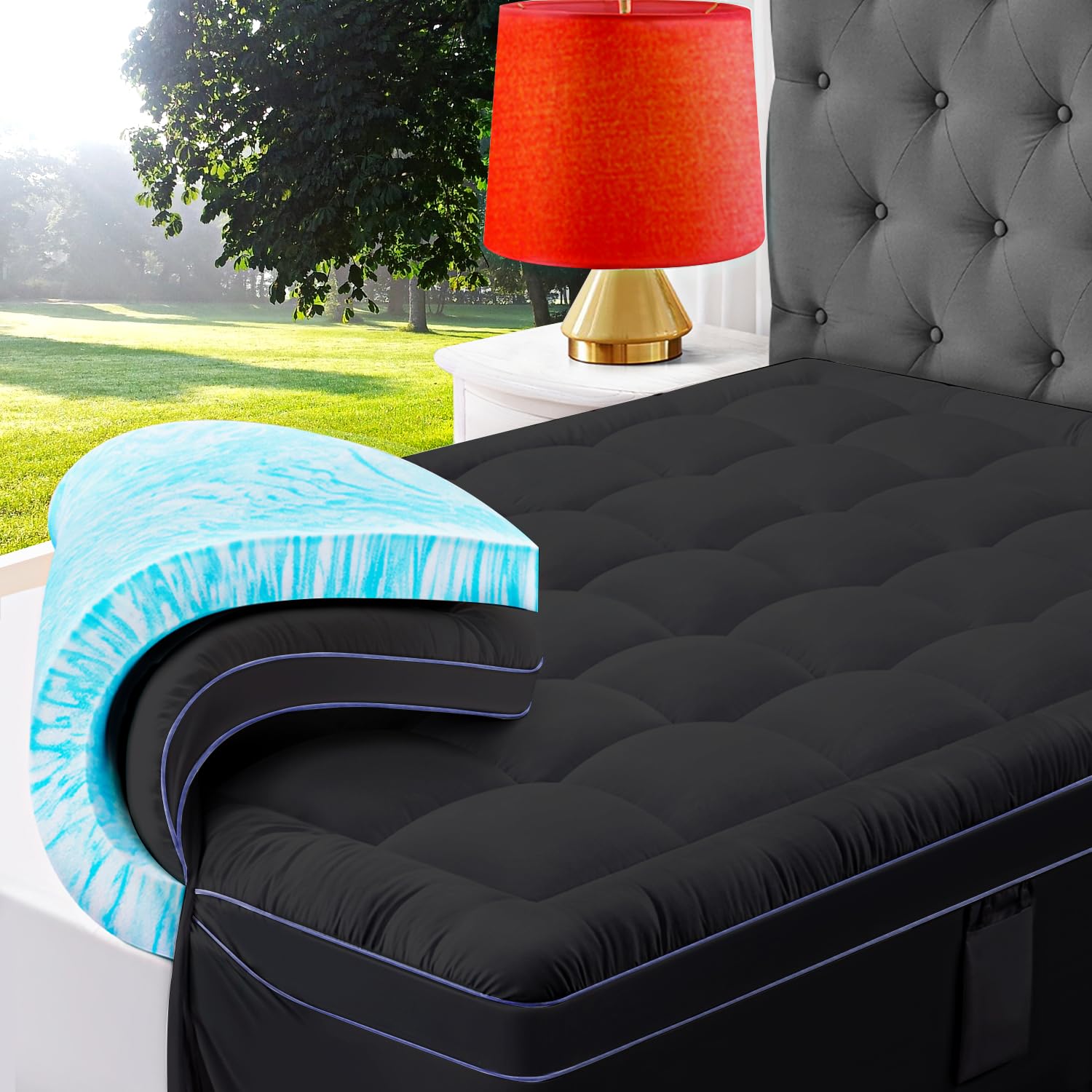 3 Inch Dual Layer Memory Foam Mattress Topper, 2 Inch Memory Foam Plus 1 Inch Down Alternative Pillowtop Mattress Pad, with Bedside Pocket, Support for Back Pain Relief, Black, Queen