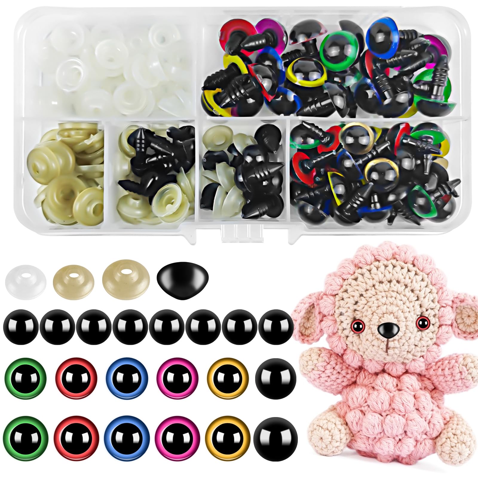 Occhi per Pupazzi, 100 Pezzi Occhi di Sicurezza Occhi di Plastic con Rondelle, Occhietti per Pupazzi, 6mm 8mm 9mm 10mm 12mm Opzionale, Occhi Amigurumi per Bambola, Pupazzo, Peluche, Nero 8mm
