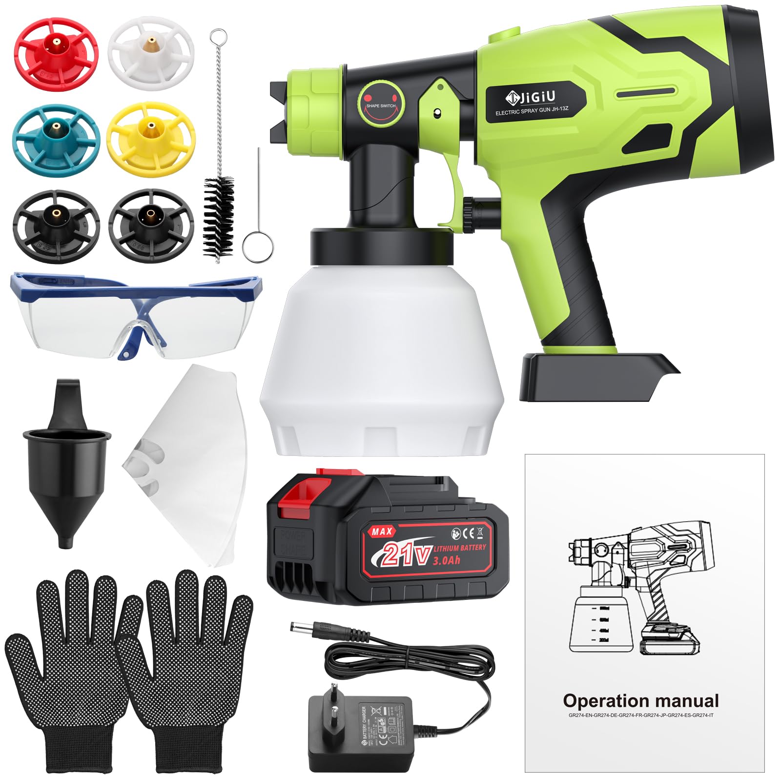 JiGiU Pistola de Pintura Inalámbrica, 300W HVLP Pistola de Pintura Eléctrica 1000ml, con 6 Boquillas (1.0 1.5 1.8 2.0 2.5 3.0mm) y 3 Patrones para Armarios, Gabinetes, Cercas, Paredes, Puertas