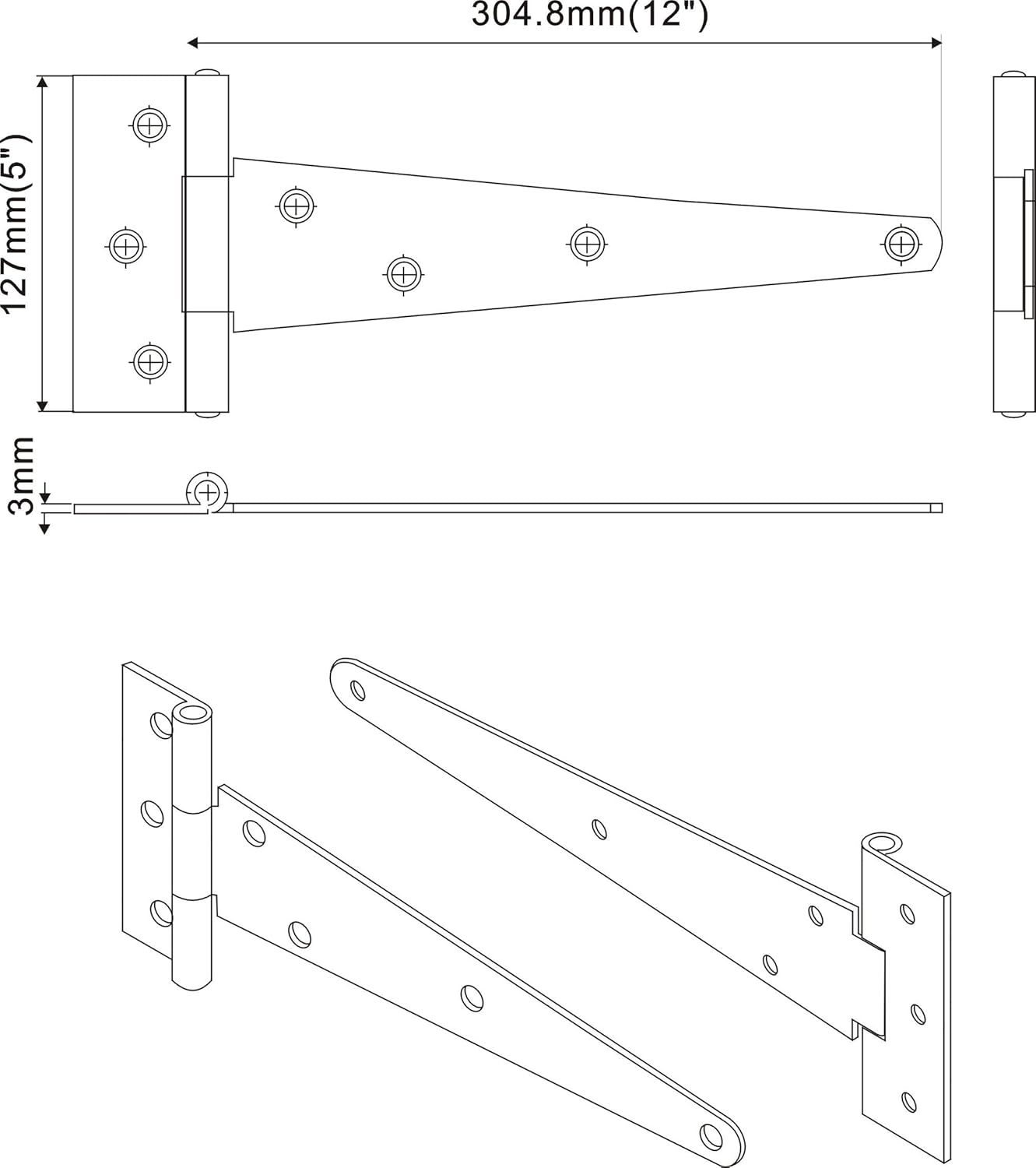 QCAA Extra Heavy Duty Tee Hinge, 12”x5”x3.0mm, Steel, Elegant 2-Layered Frosted Matte Black, Powder Coated, 6 Pack