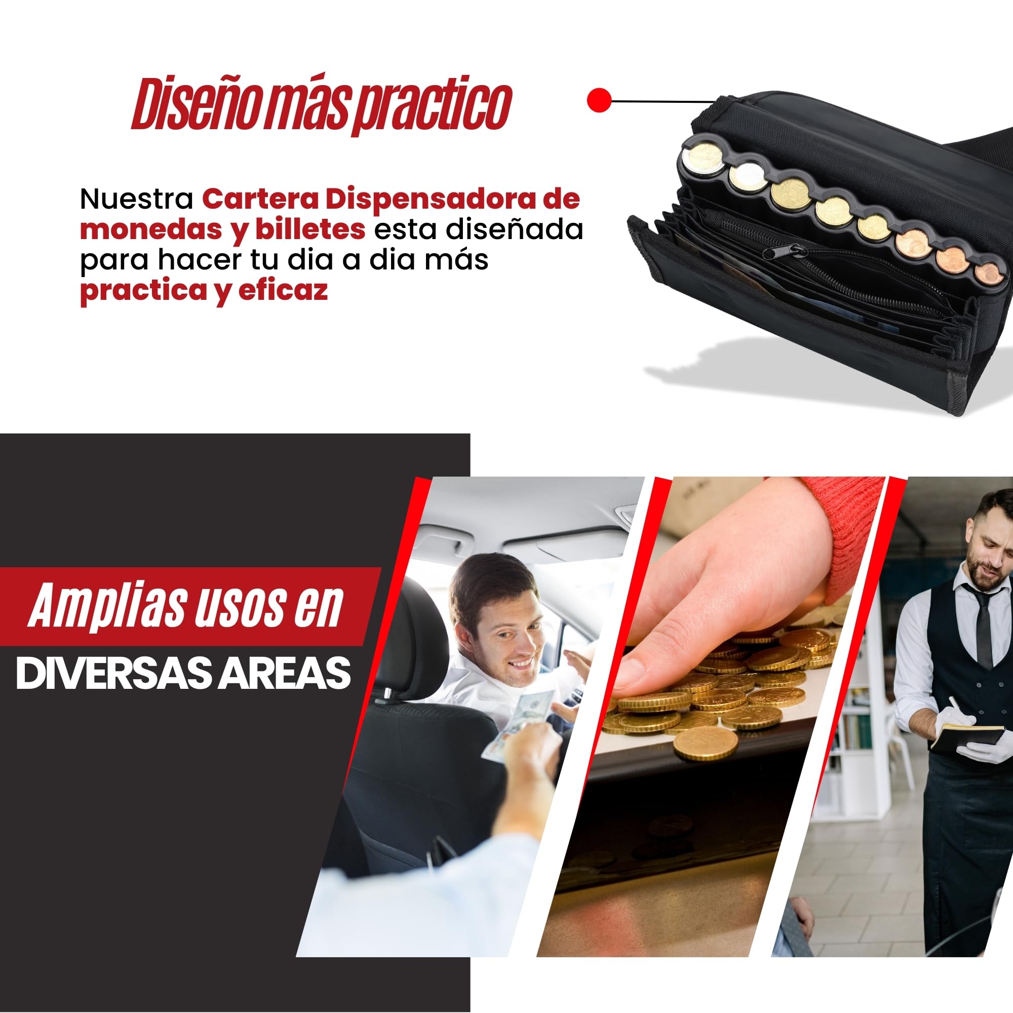 ️ Cartera Dispensador de Monedas y Billetes + Bolígrafo Detector Billetes Falsos - Riñonera Camarero y Dispensador de Monedas para Taxi, Camareros, Vendedores (Negro + Riñonera)