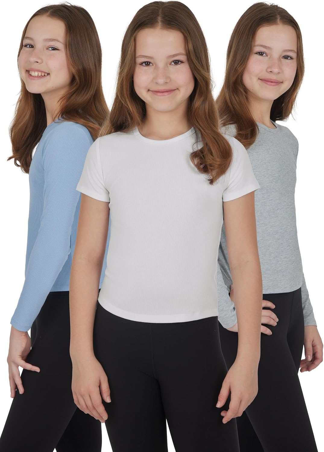Yogalicious Girls 3 Pack Short Sleeve Crew Neck T-Shirt and Long Sleeve Crew Neck Top