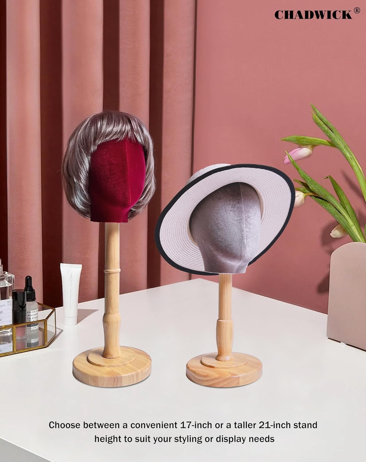 CHADWICK UnPinnable Mannequin Head With Stand 21Inch Height, 21.25 Inch Head circumference Velvet Wig Stand For Styling, Wig Head Stand With Mannequin Head, Hair Mannequin Head That Cannot Be Inserted