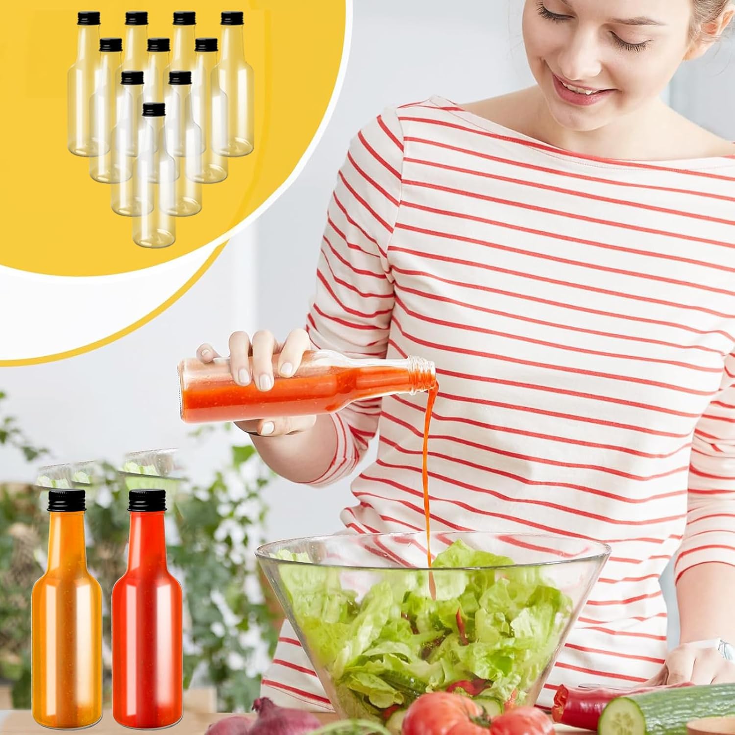 120 Pcs Hot Sauce Bottles with Leak Proof Black Screw Cap Small Plastic Wine Jars Clear Bottles Empty for Kitchen Sauce Salad Dressing Syrup Juice Whiskey (5 oz)