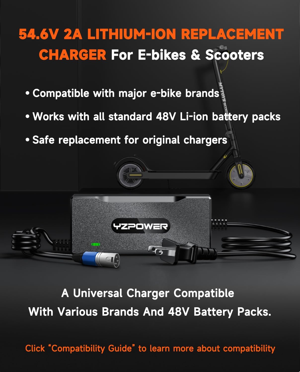 YZPOWER 54.6V 2A Electric Bike Charger, 48V Lithium Battery Charger with Turbo Cooling Fan & Overheat Protection | Fast Charging Power Adapter for E-Bike/Scooter | 3-Pin XLR Connector