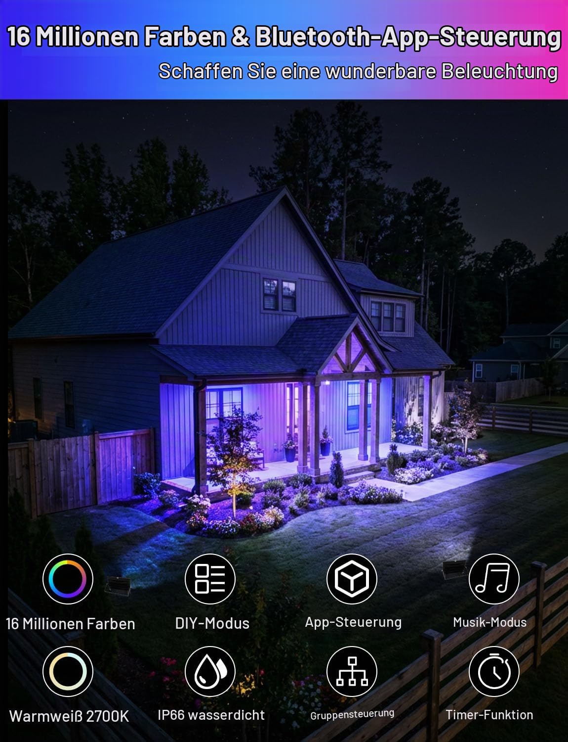 HEKEE RGB Led Strahler Außen, Farbwechsel 80W, DIY-Blitzmodus, RGB Led Fluter, Timer, Bluetooth IP66 wasserdicht