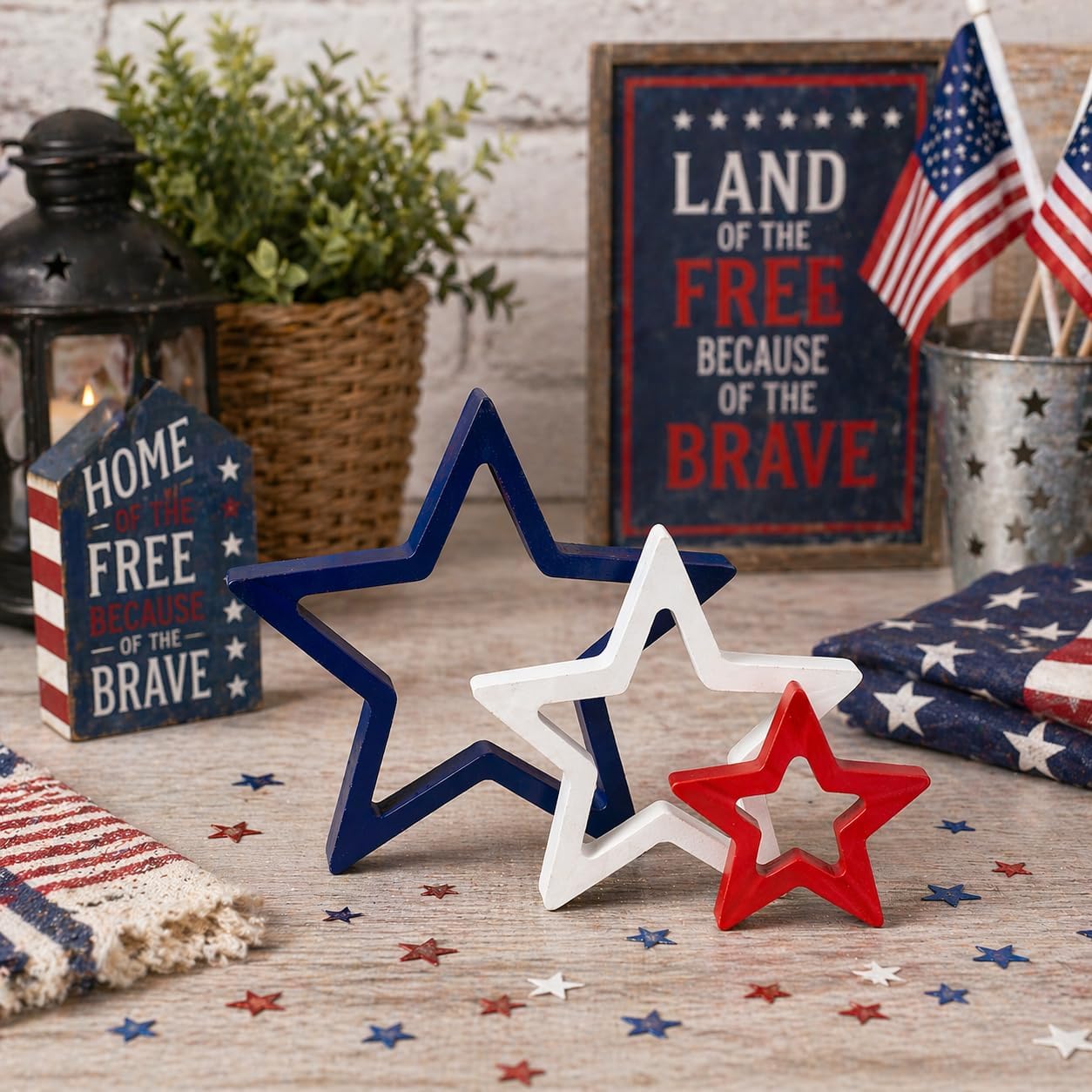 4th of July Patriotic Decorations Set, Red White Blue Star Table Decorations, Independence Day Tiered Tray Decor for Home, Party, Farmhouse Shelf Centerpiece