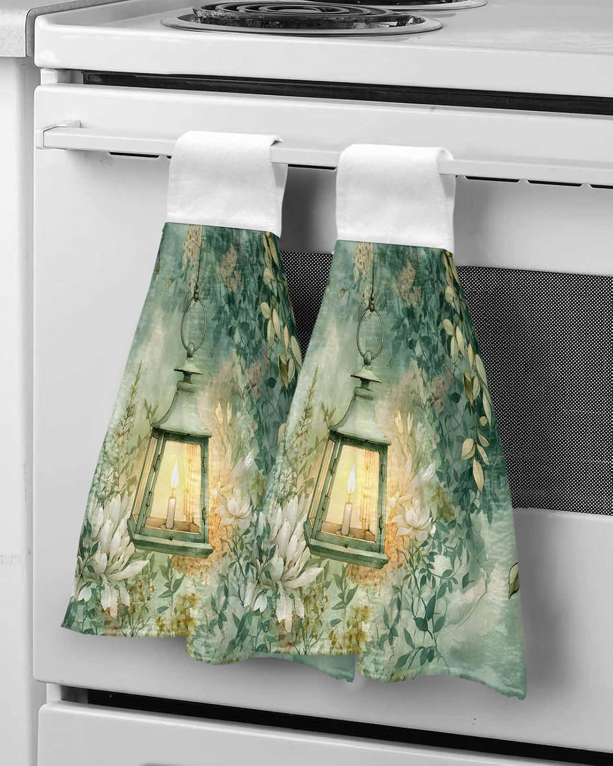 Vintage Oil Light Kitchen Hand Towels with Hanging Loops Set of 2 Spring Green Leaves Retro Candles Soft Thick Oven Fingertip Dry Microfiber Tie Dish Towel Absorbent Cleaning Washcloth for Bathroom