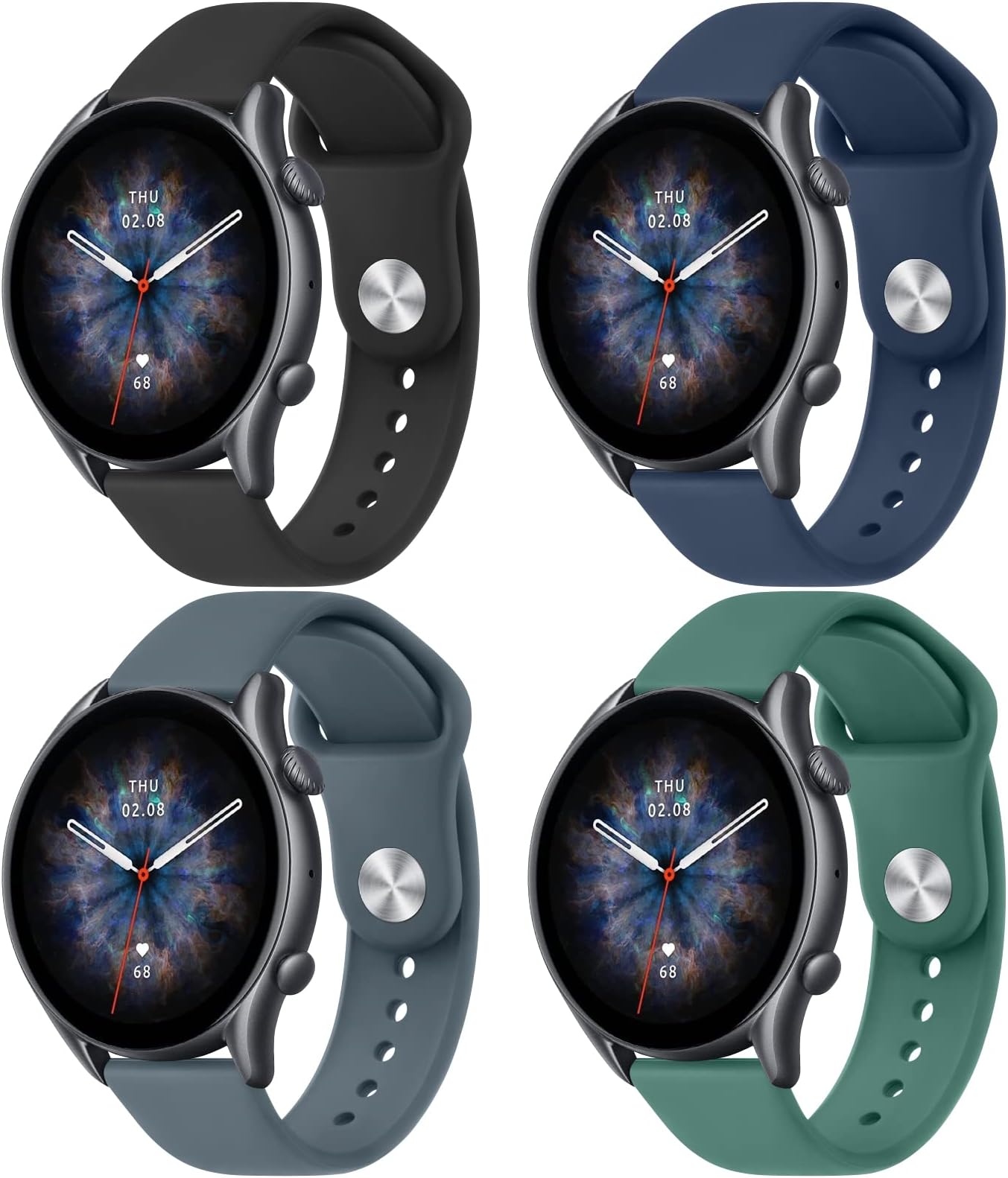 Amzpas Silicone Band for Amazfit GTR - 22mm 4 Pack Soft Quick-Release Replacement Wristband, Sport Strap for Men Women