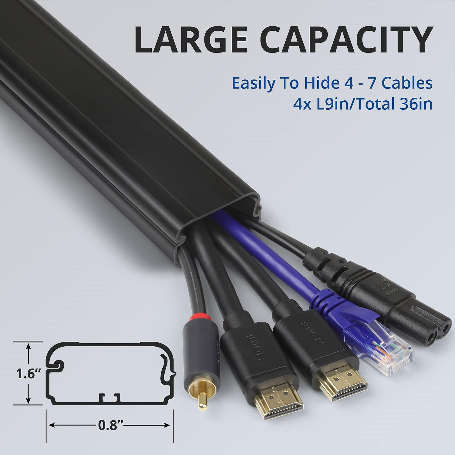 TV Cord Cover, 36 inch Cable Concealer for Wall Mount TV System, Paintable Cable Management Raceway to Hide Wires, W1.6 x H0.8, Black
