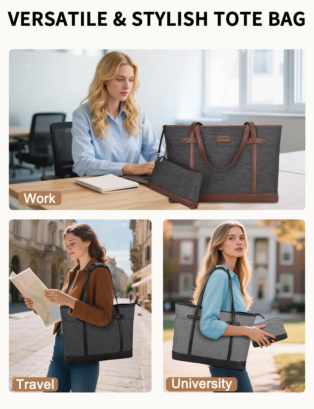 RAVUO Borsa Donna Grande, Elegante Laptop Tote Bag Università Borsa Lavoro Porta PC 15,6 Pollici Borse Tracolla Porta Business Ufficio Nera