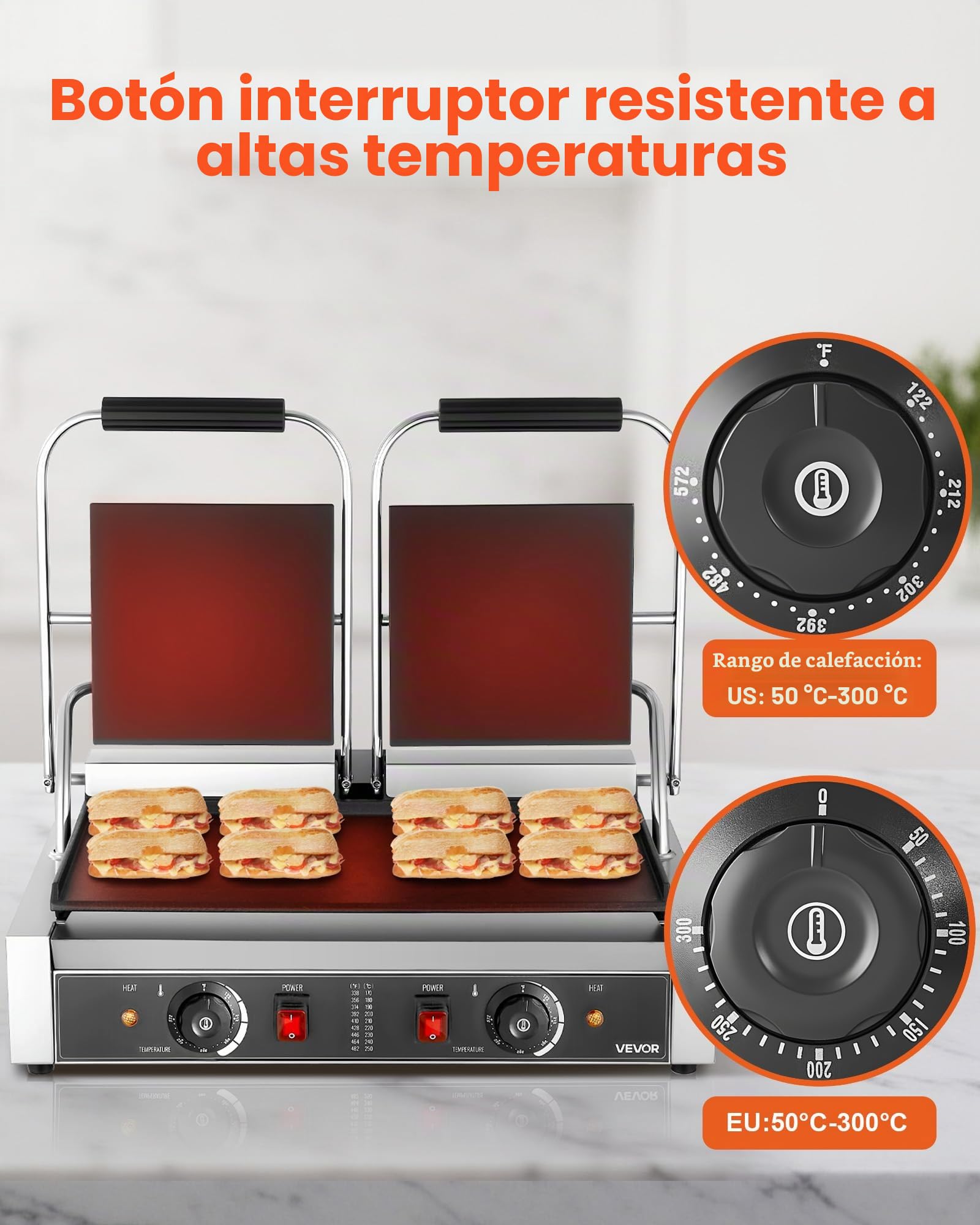 VEVOR Parrilla de Contacto Eléctrica de 3600 W, para Sándwiches, de Acero Inoxidable con Control de Temperatura, Doble Placa Plana Esmaltada de 48 x 23 cm, para Hamburguesas, Filetes y Tocino