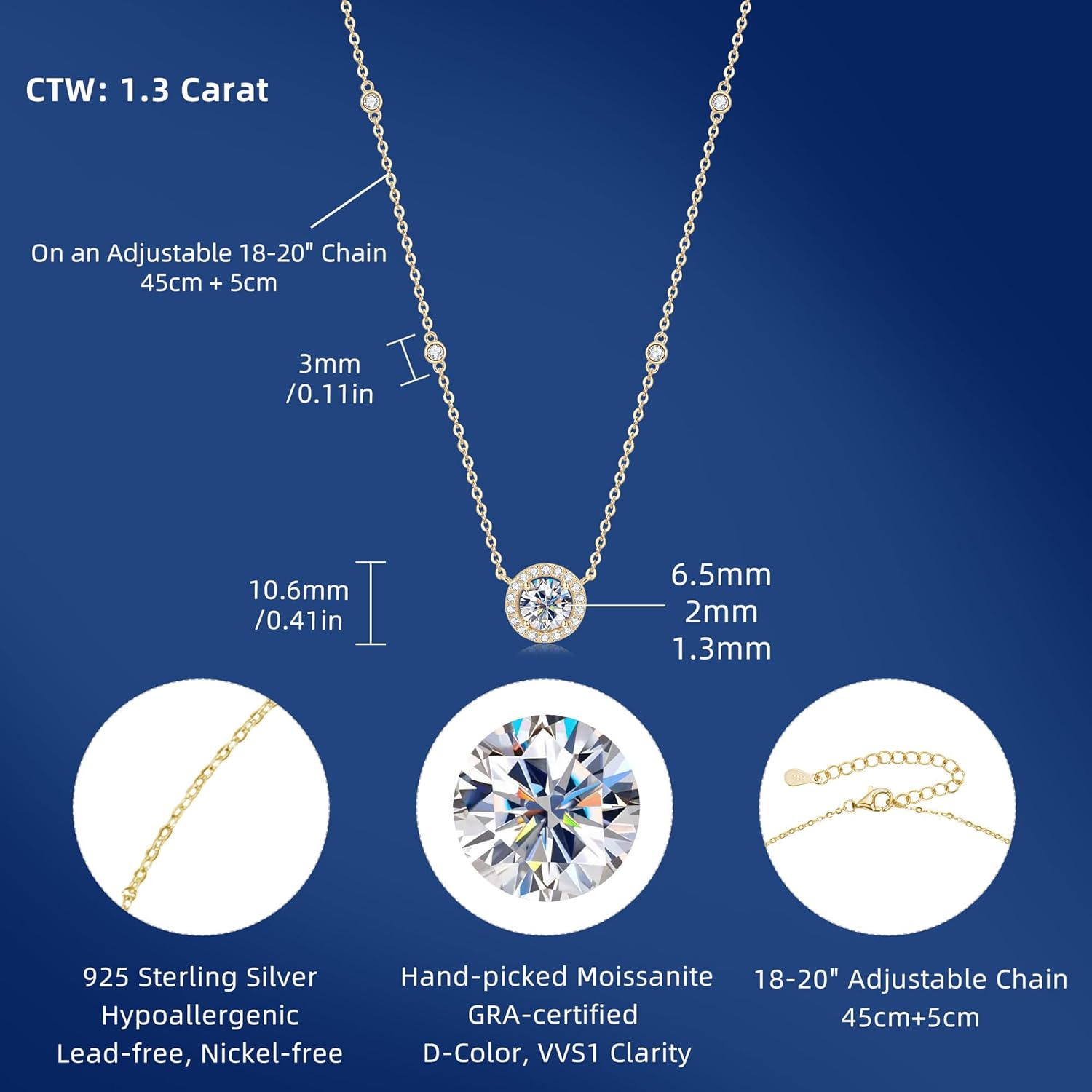 AINUOSHI Dainty 1 Carat Moissanite Station Necklace, 18K Gold Plated Sterling Silver Imitation Diamond Pendant, Hola Pendant for Women - Image 5