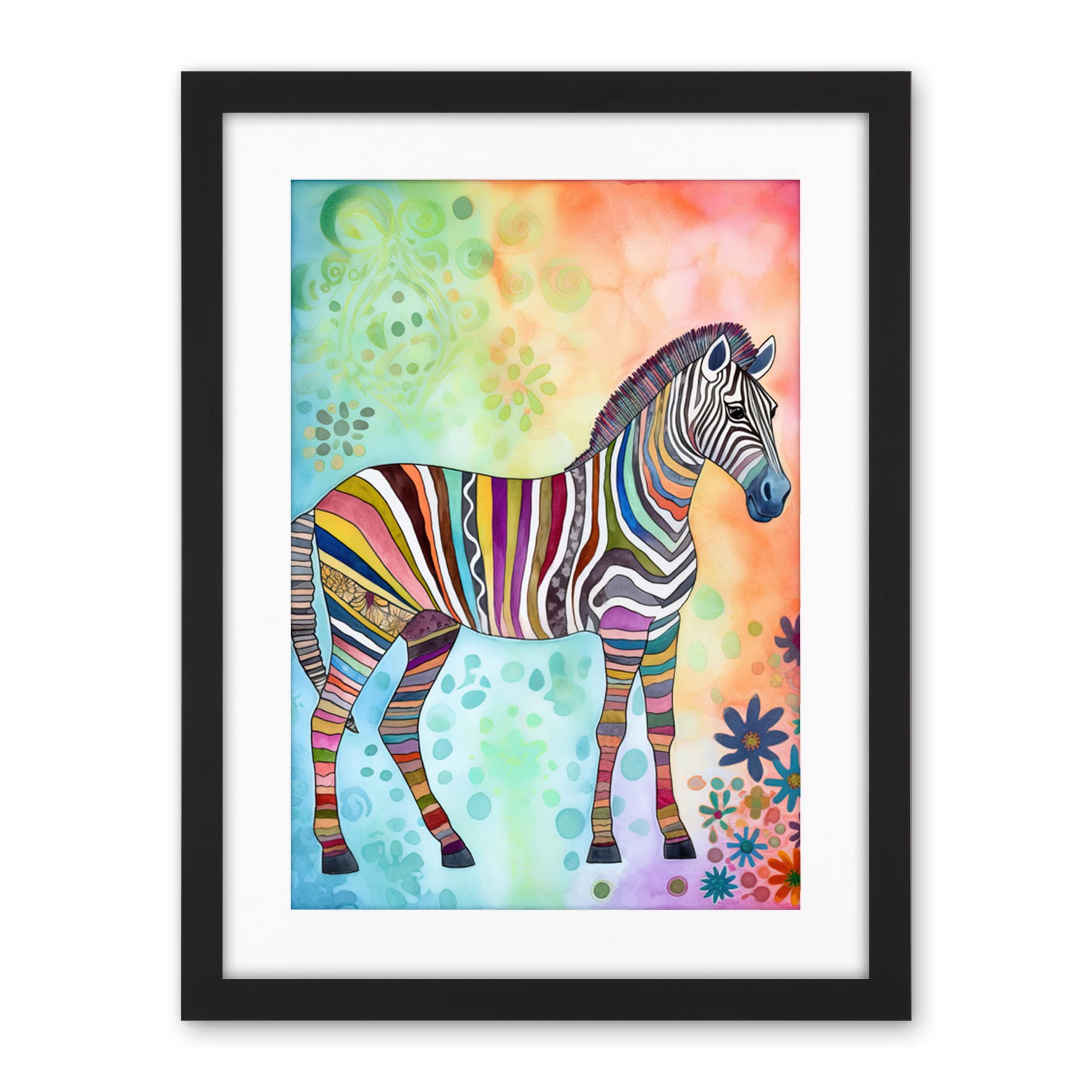 Artery8 Rainbow Floral Zebra Folk Art Artwork Framed Wall Art Print 18X24 Inch
