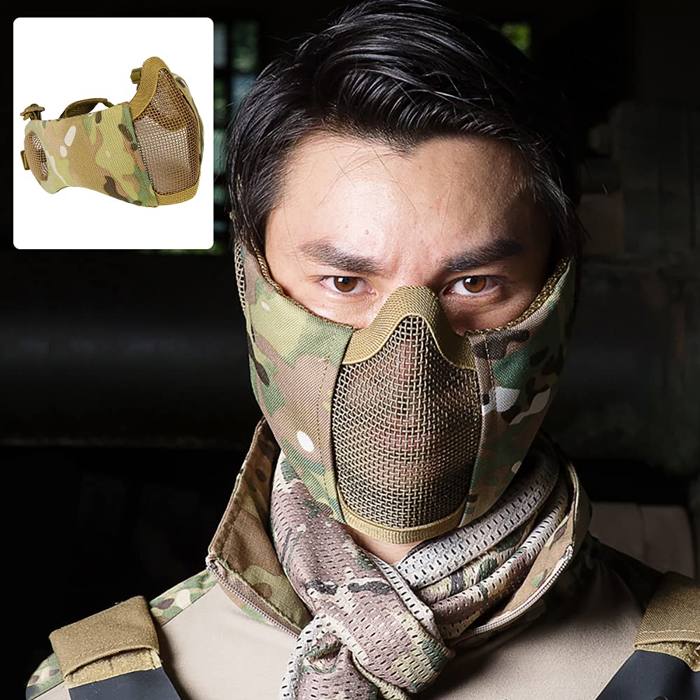 Maschera pieghevole per softair, maschera a mezzo viso in rete con protezione per le orecchie, per giochi di guerra Cs, pistola BB, caccia, paintball