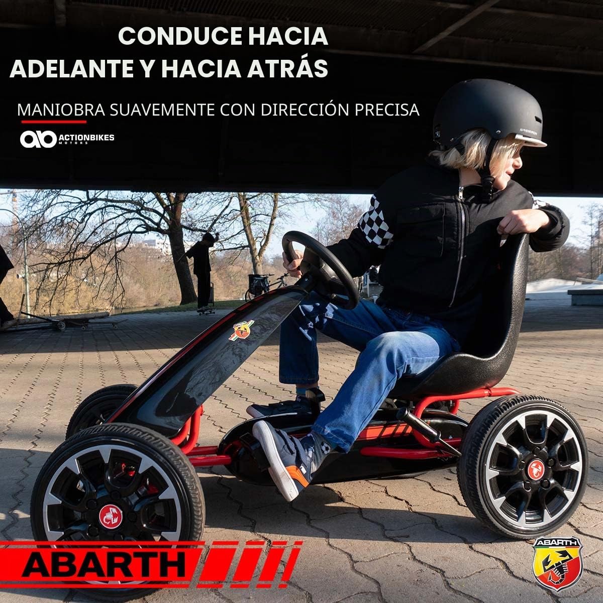 PEQUENENES Kart Coche de Pedales Fiat Abarth de CARS12V, Ruedas neumaticas, carenado de Proteccion, Freno de Mano, Asiento Regulable de Cuero (Negro)