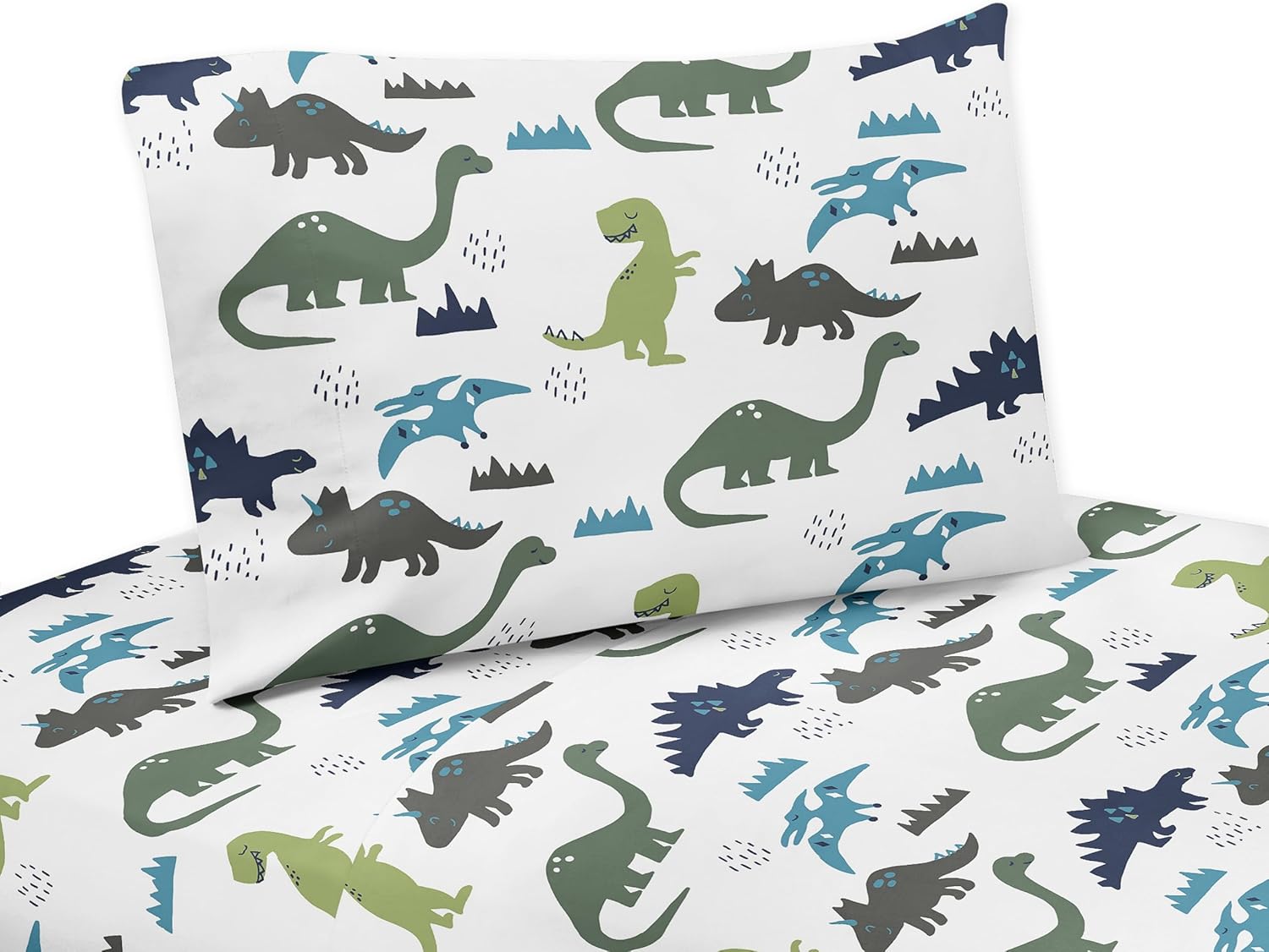 Sweet Jojo Designs 4-Piece Full Size Sheets Set (Blue Green Dinosaur) for Boys, Kids, Childrens, Breathable Bedding incl. Bed Flat Fitted Sheet & Pillow Cases (Modern Dino, Dinosaurs Theme, T-Trex)