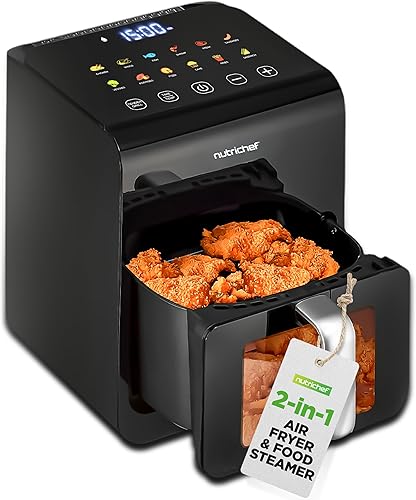 NutriChef Freidora de aire eléctrica de 6 litros y función de vaporera de alimentos 12-1 funciones de cocción preestablecidas, papas fritas, pollo