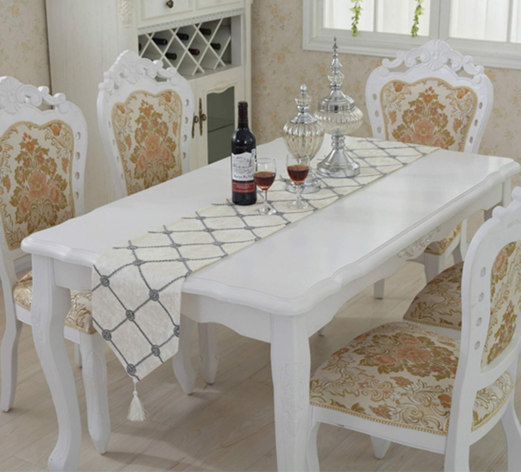 Tavolo Runner Lino Cotone, Runner Natalizio Beige Bianco Moderno Rombo Semplice Floreale Runner Da Tavola Vintage, 28x270CM