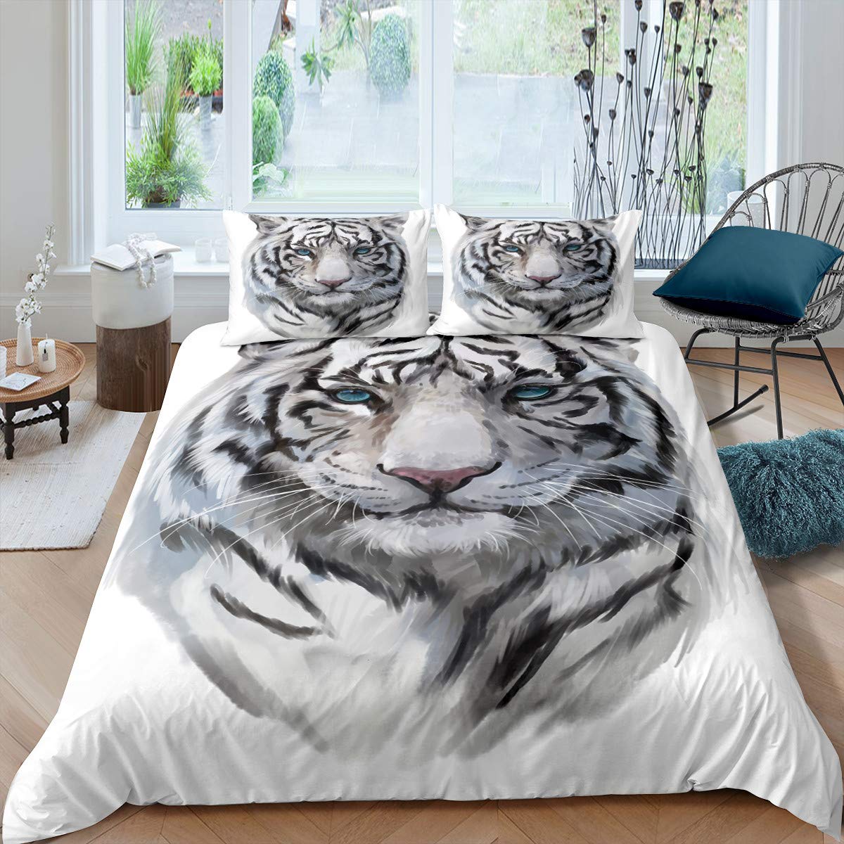 Loussiesd White Tiger Duvet Cover Set King Size 3D Safari Wild Animal Bedding Set Africa Wildlife Comforter Cover White Bedspread Cover with 2 Pillow Shams Watercolor Bed Cover Zipper Chic