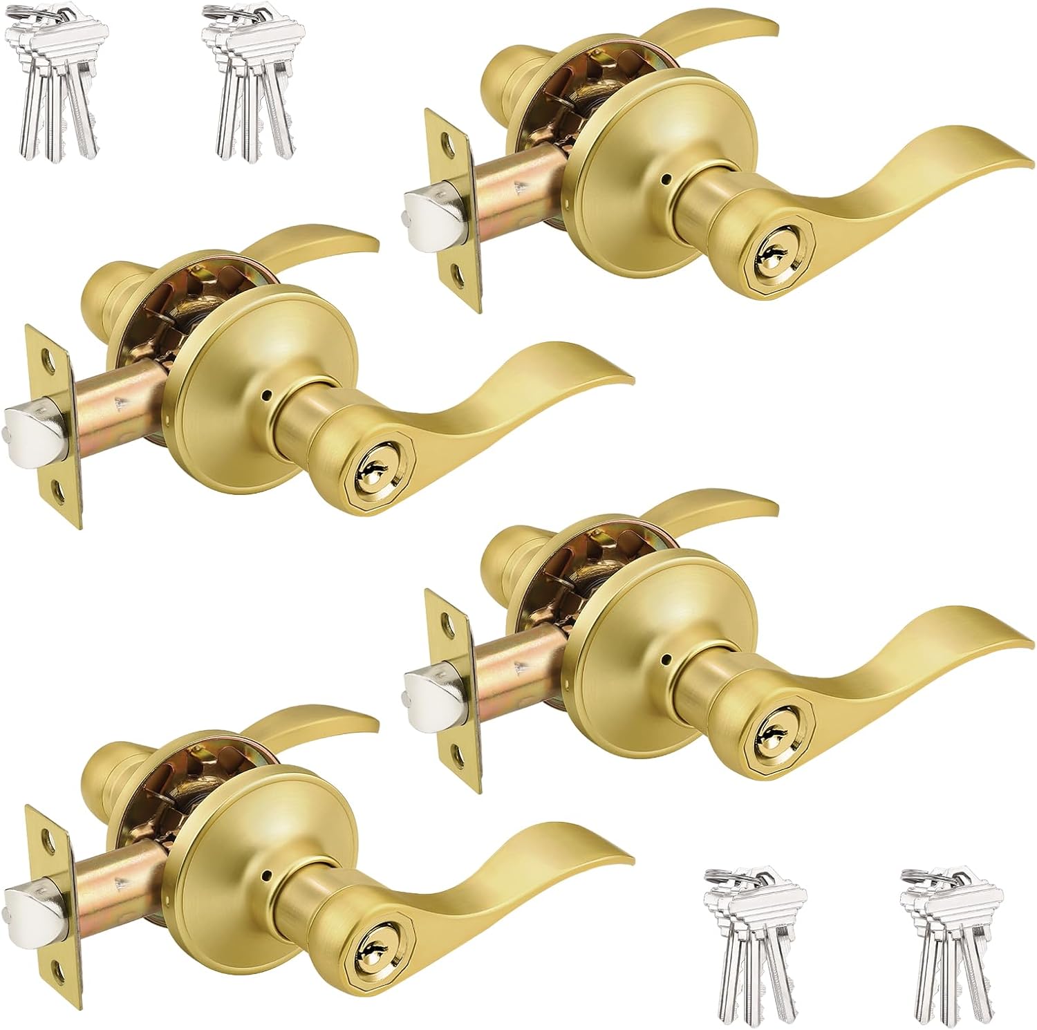Probrico (2 Pack Wave Style Keyed Alike Entry Levers, Exterior Interior Satin Nickel Keyed Door Handles with Lock and Same Keys, Reversible for Right Left Handed Doors
