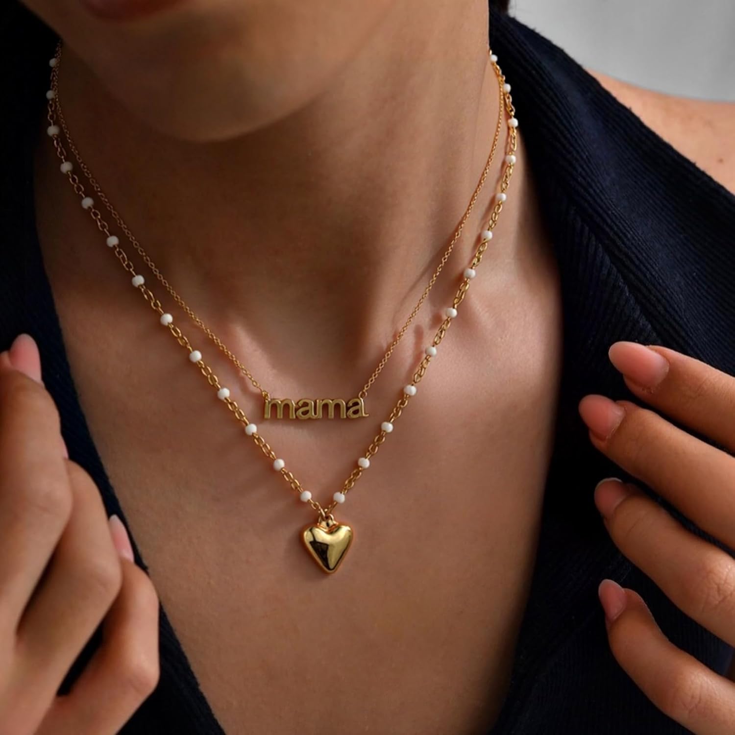 LETFLY Heart Mom Necklace for Women, 18K Gold Plated Layered Heart Mama Pendant Necklace, Jewelry Gifts for Mom - Image 3