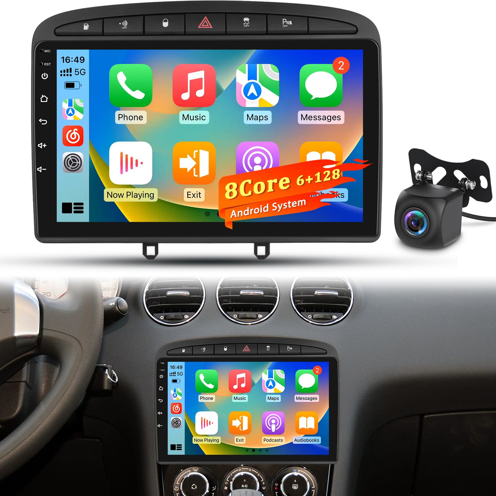 Autoradio 8 Core 6+128GB per Peugeot 308 408 2007–2015, Stereo Android Touchscreen con CarPlay Wireless, GPS WiFi DSP HiFi, Plug & Play Radio + Telecamera Posteriore