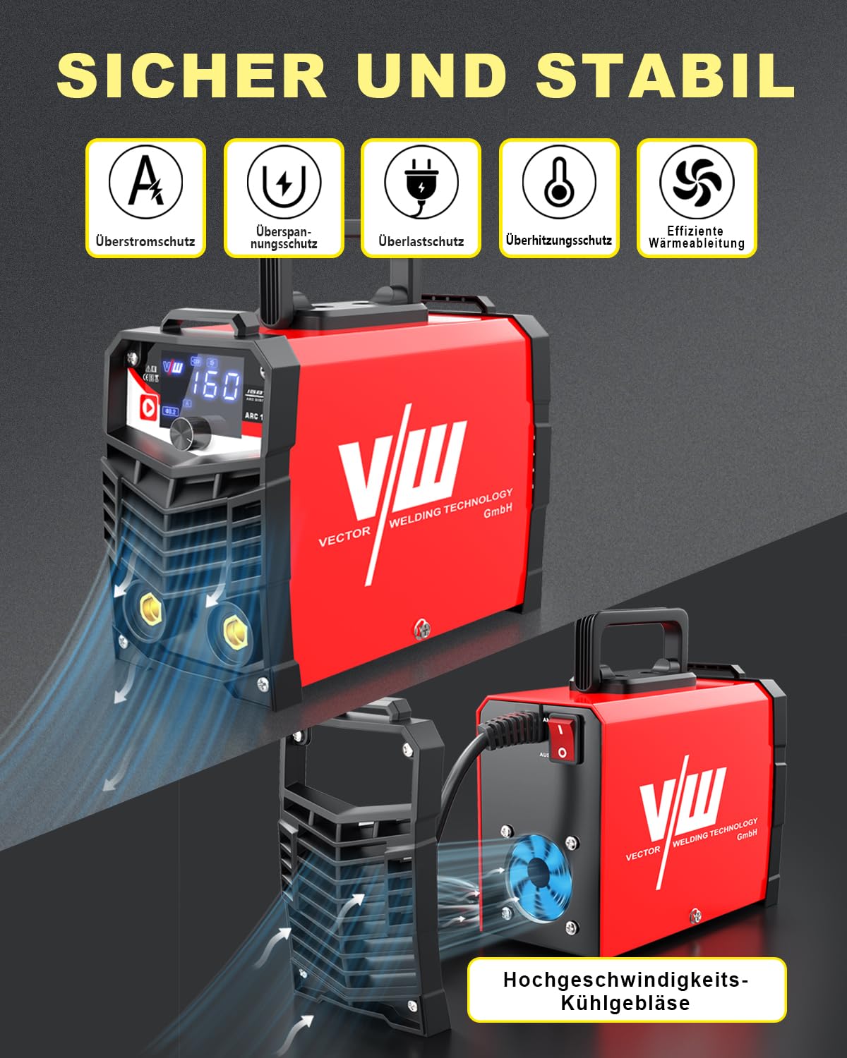 VECTOR WELDING Elektroden Schweißgerät MMA 160A - Schweißgerät Elektrode - Inverter Schweissgerät - Digitales Display - Einsteigergerät - Elektro Schweißgerät - IGBT ARC 160