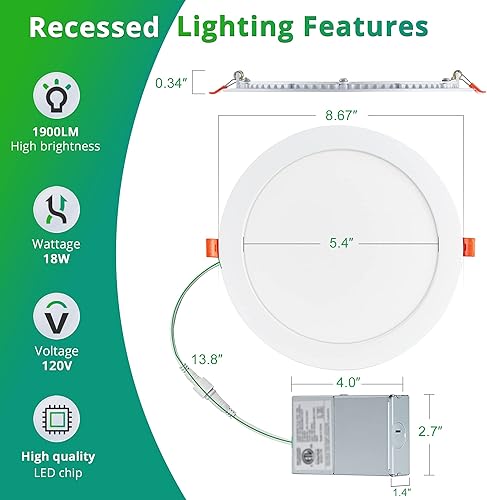Miniatura 4 de LEDIARY 5CCT - Paquete de 6 luces LED empotrables ultrafinas de 8 pulgadas delgado seleccionable 2700K-5000K suave regulable alto brillo 1900 LM 18