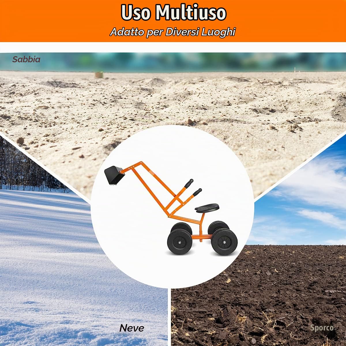 RELAX4LIFE Ruspa Giocattolo Escavatore Cavalcabile per Sabbiera con Sedile in metallo, Girevole a 360° e 4 Ruote, 3 Anni+ (L-Arancione)