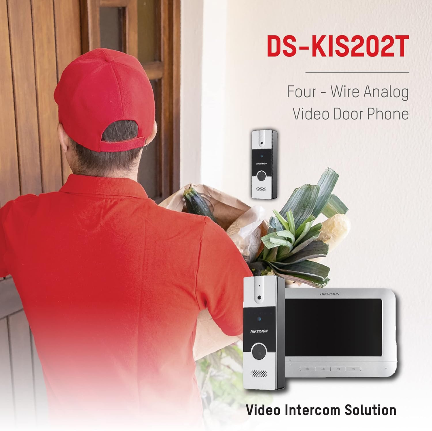 Hikvision DS-KIS202T in use, showing a delivery person at the door and the indoor monitor displaying the view.