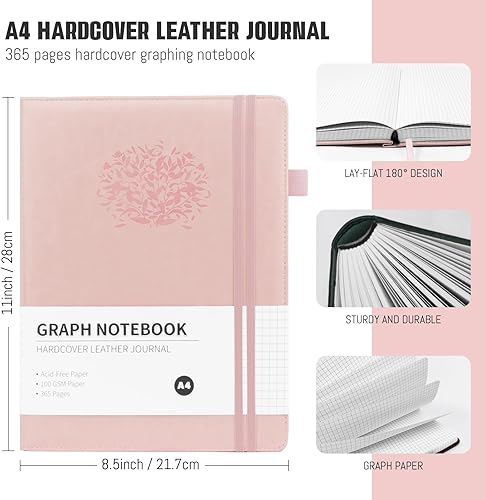 Miniatura 2 de Cuaderno de papel cuadriculado de 8.5 x 11 pulgadas, tapa dura de cuero para mujer, diario gráfico A4 de 365 páginas, cuaderno gráfico rosa para