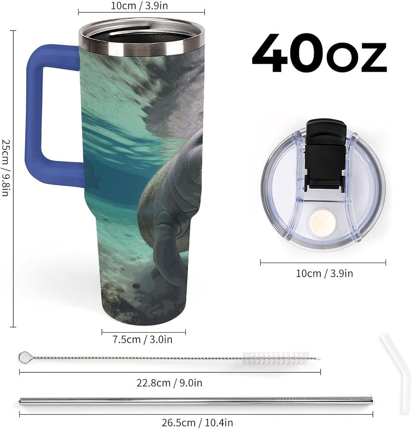 Cute Sea Animal Manatee Travel Coffee Mug Reusable Durable Stainless Steel Insulated Tumbler with Handle And Straw Leak Resistant Portable Thermal Cup Gifts for Men Women 40 Oz