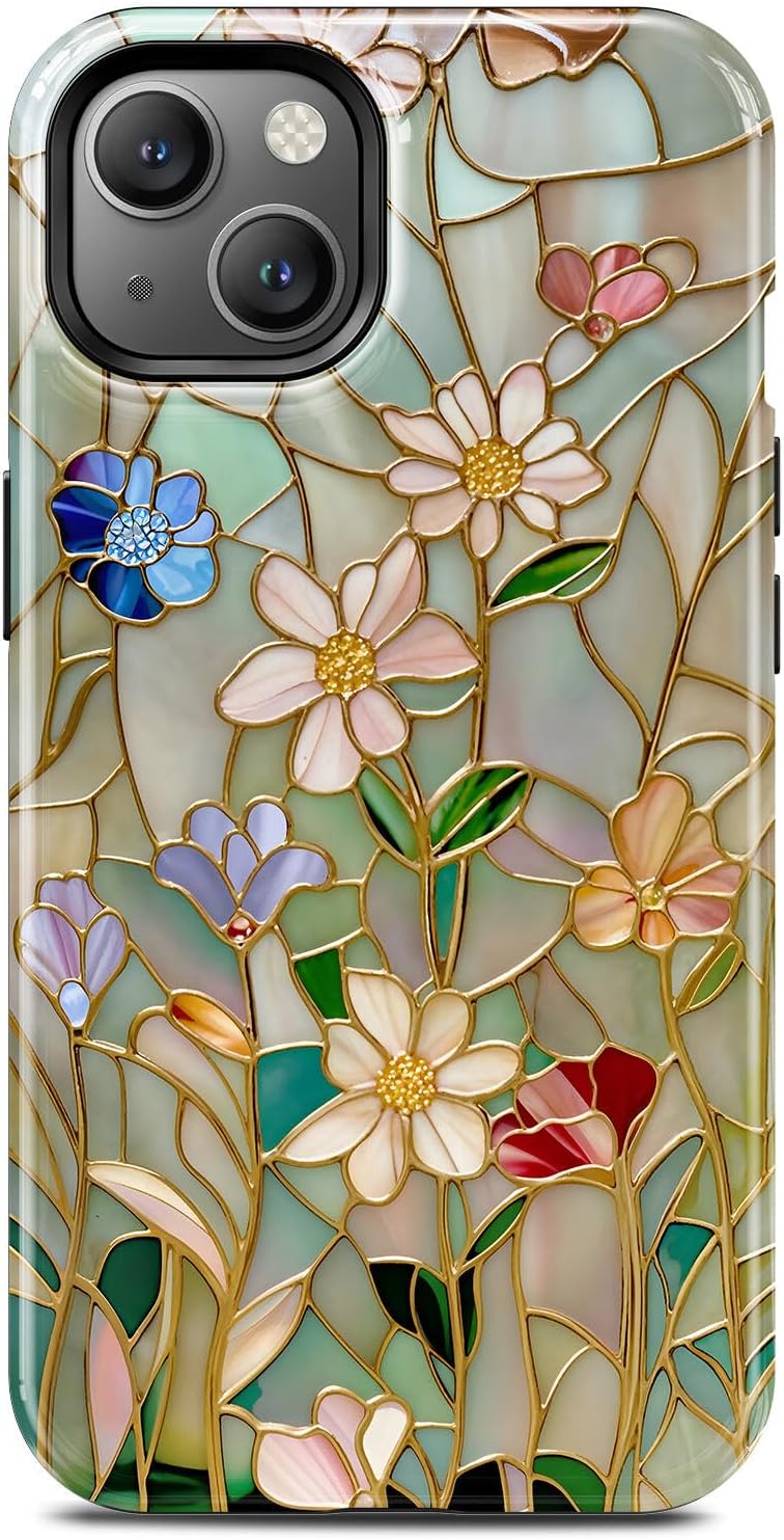 Flower Blossom Stained Glass Phone Case for iPhone 15, Compatible with Magsafe, Trendy Vintage Aesthetic Rose Gold Floral Magnetic Slim Shockproof Protective Women Girl Men Cover Case