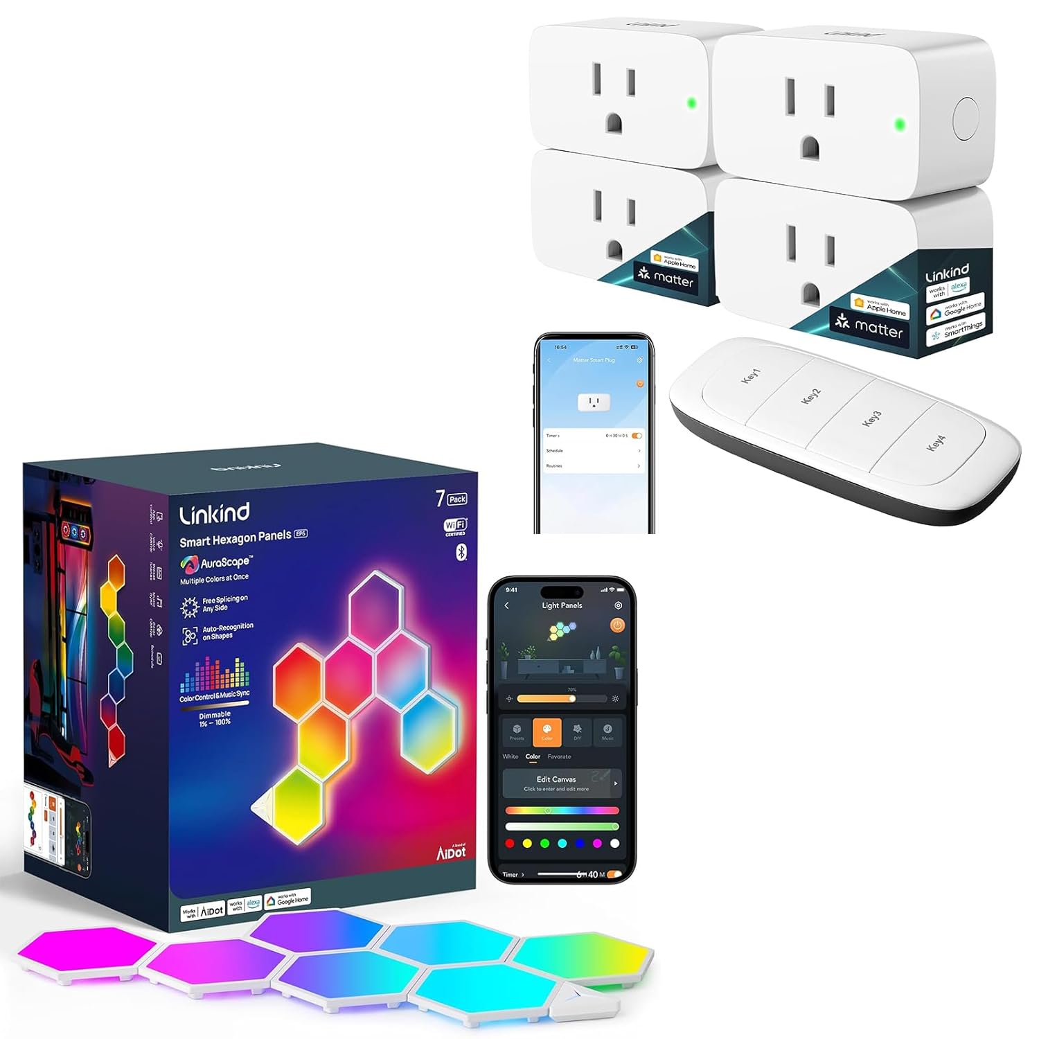 Matter Smart Plug 4 Pack with Remote and Smart Hexagon Lights 7 Pack Compatible with Alexa and Google Home