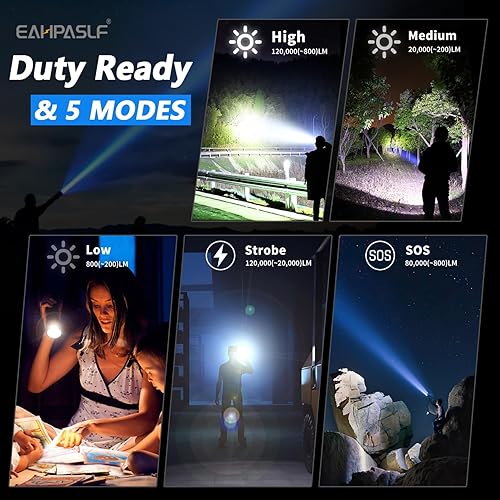Miniatura 3 de Eahpaslf Linternas de alto lúmenes, linterna LED recargable por USB, 120000 lúmenes, luz táctica súper brillante, 5 modos, IP67 impermeable, potente