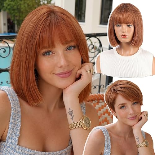 starluck Real Human Hair Wigs for Women 10 Inch 100% Luxury Virgin Bob Wig Sleek Human Hair with SilkHug Cap, Natural Look for Daily Wear, Ginger Blunt Bangs(30#)