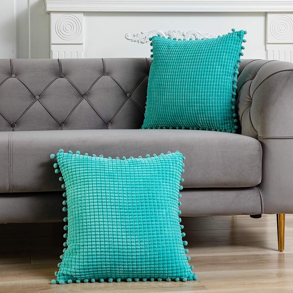 DEZENE 20x20 Inch Decorative Throw Pillow Covers - 2 Pack Soft Corduroy Corn Striped Pom-poms Corduroy Corn Striped Square Pillow Cases for Bedroom Sofa Couch Living Room, Turquoise