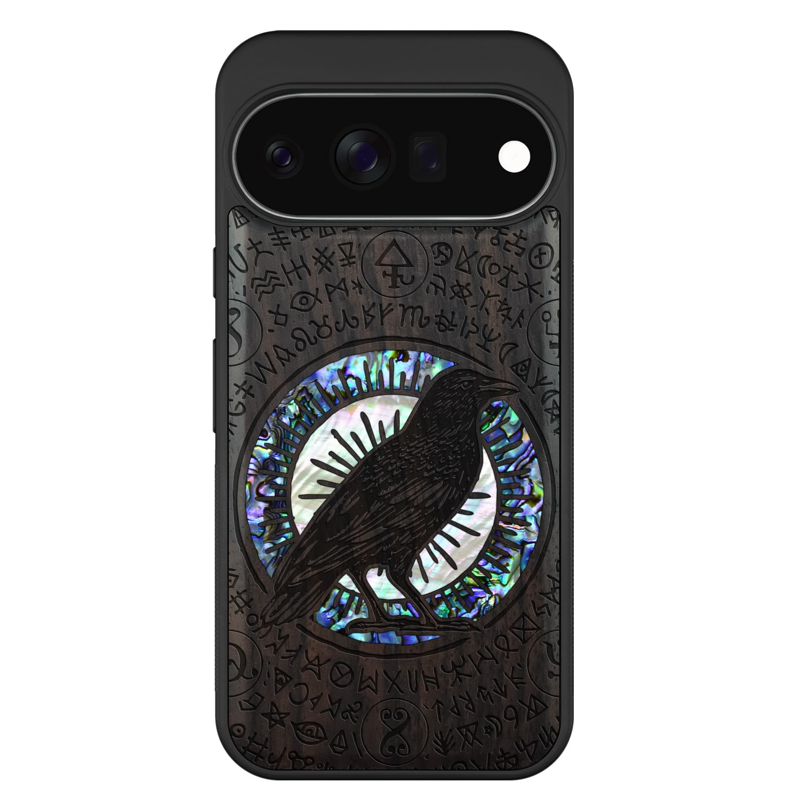Carveit Madera Funda para Google Pixel 11 (Oscura-Brujería de Cuervo) | Compatible con MagSafe [Grabado en madera e incrustación de mejillones] Magnética Cover para Pixel 11 Carcasa