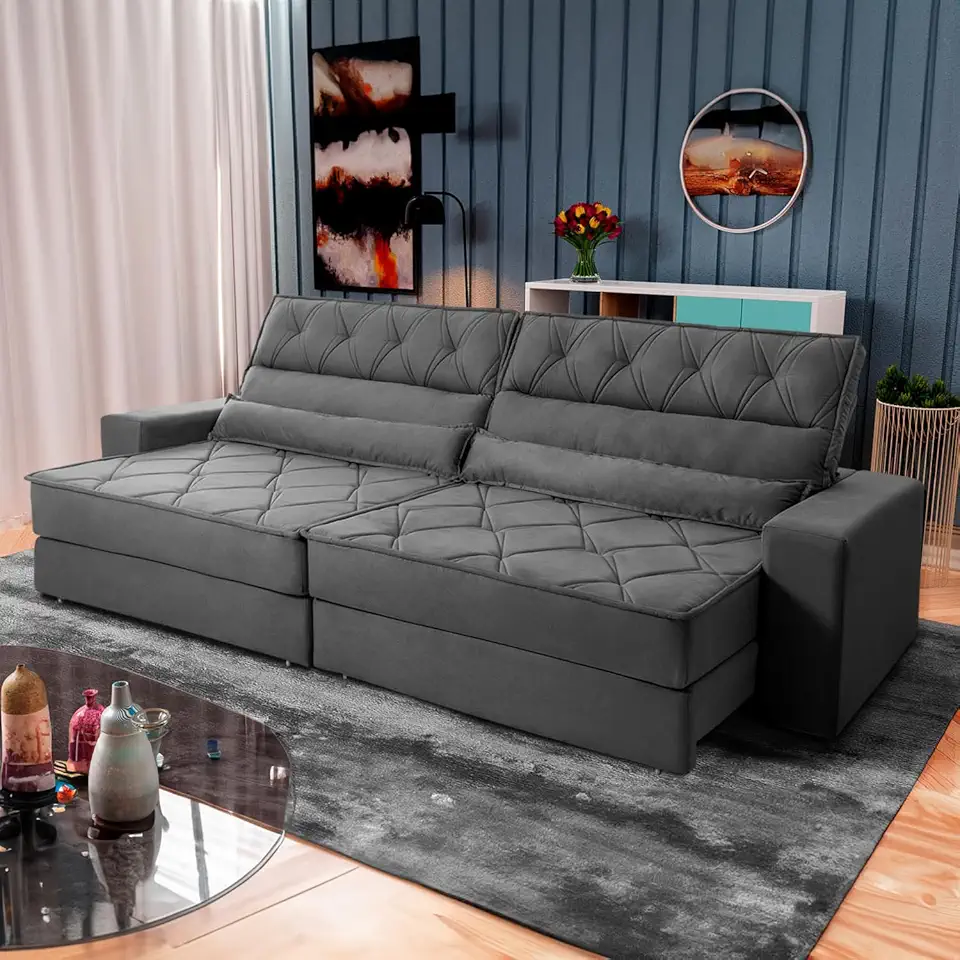 Sofá Retrátil Reclinável 2.50m Albany Suede Velut Cinza Molas Ensacadas - King House