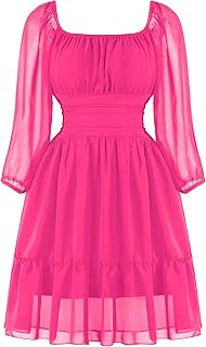 Women's Summer Dresses 2025 Square Neck Tie Back 3/4 Lantern Sleeve Vintage Chiffon Short Dress