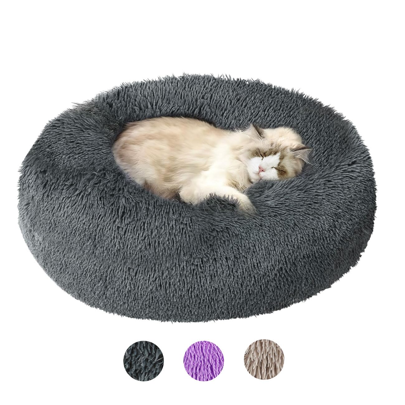 Round Dog Bed for Small Dogs, Donut Cuddler Plush Cat Calming Bed with Machine Washable, Non-Slip Fluffy Dog & Cat Calming Cushion Bed for Joint-Relief and Sleep Improvement, S Size, Dark Grey