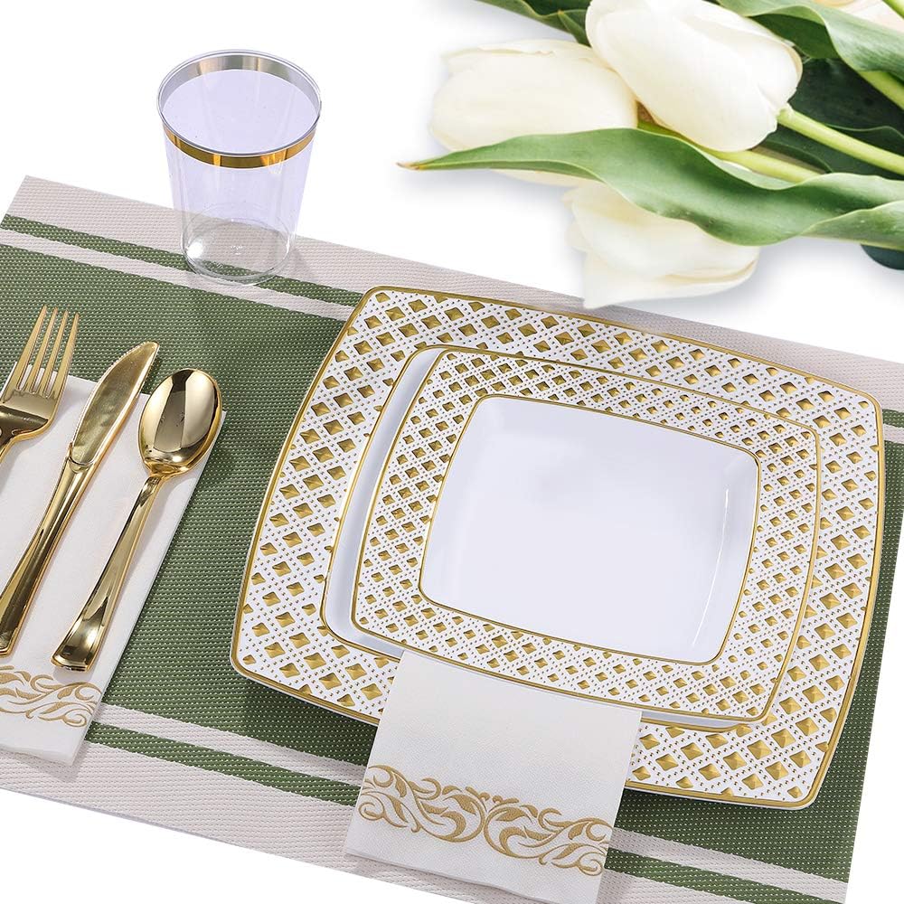 FOCUSLINE 175 Ct Gold Dinnerware Set for 25 Guests - Square Plastic Plates with Diamond Rim, Including 25 Disposable Dinner & Dessert Plates, Napkins, Cups, Cutlery - Image 8