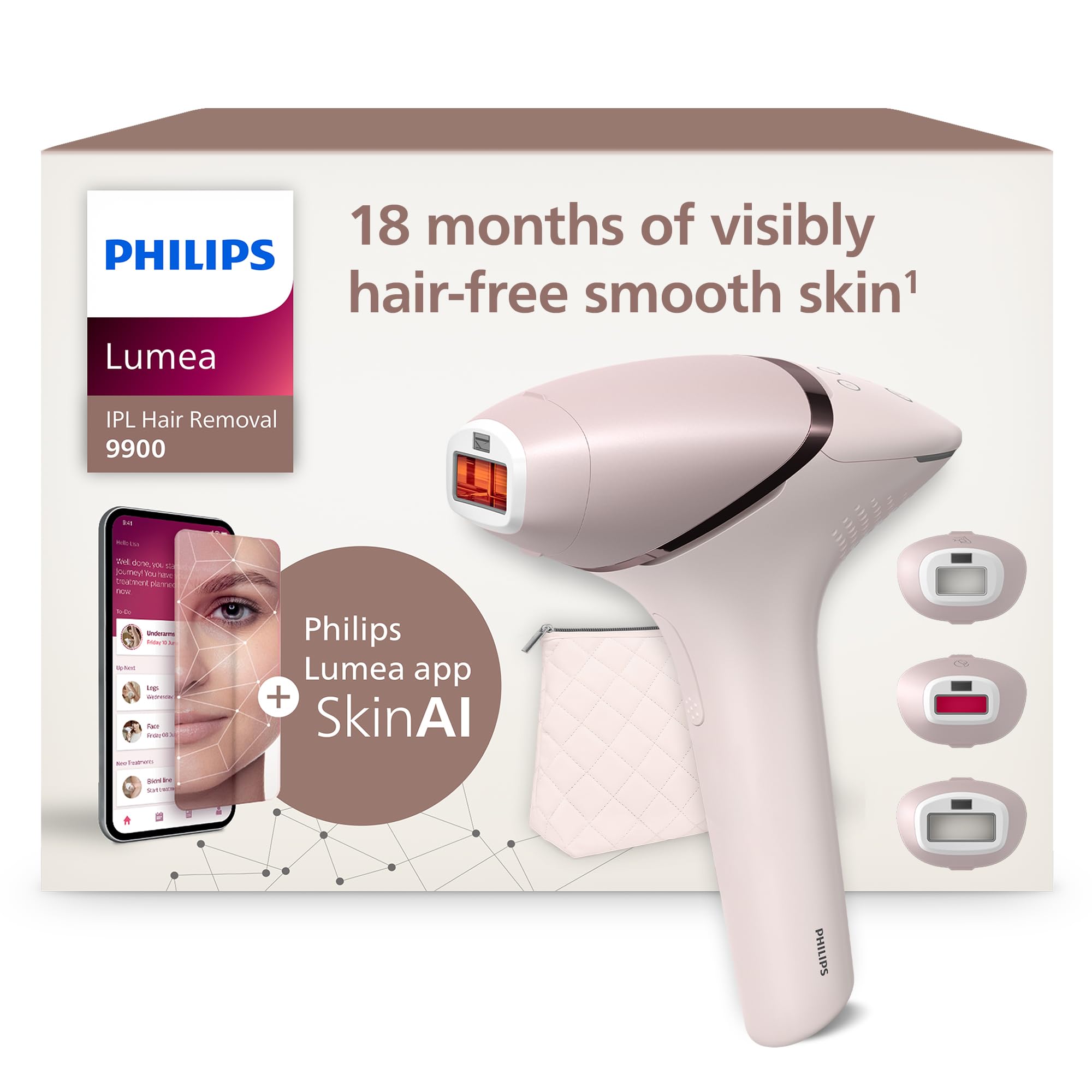 Philips Lumea 9900 Series, IPL Hair Removal Device, Laser Hair Removal Alternative, SenseIQ and SkinAI Technology, 3 Attachments for Body, Face and Precision Areas, Corded & Cordless Use, BRI953/02