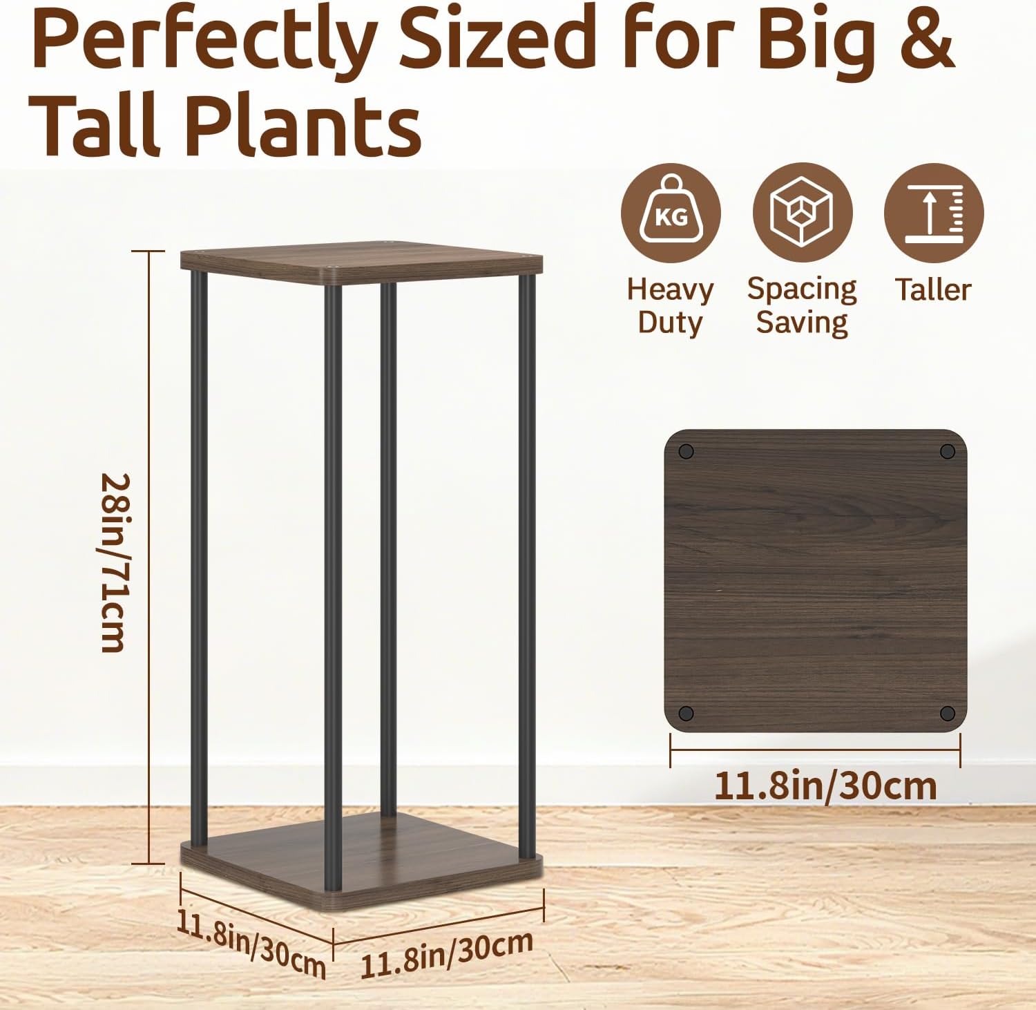 Oppro 2 Tier Plant Stand Indoor, 28In Tall Corner Vertical Wood Metal Square Shelf, Modern Black Large Planter Table Heavy Duty Flower Pot Holder Rack for Narrow House Living Room Floor Orchid, Oak