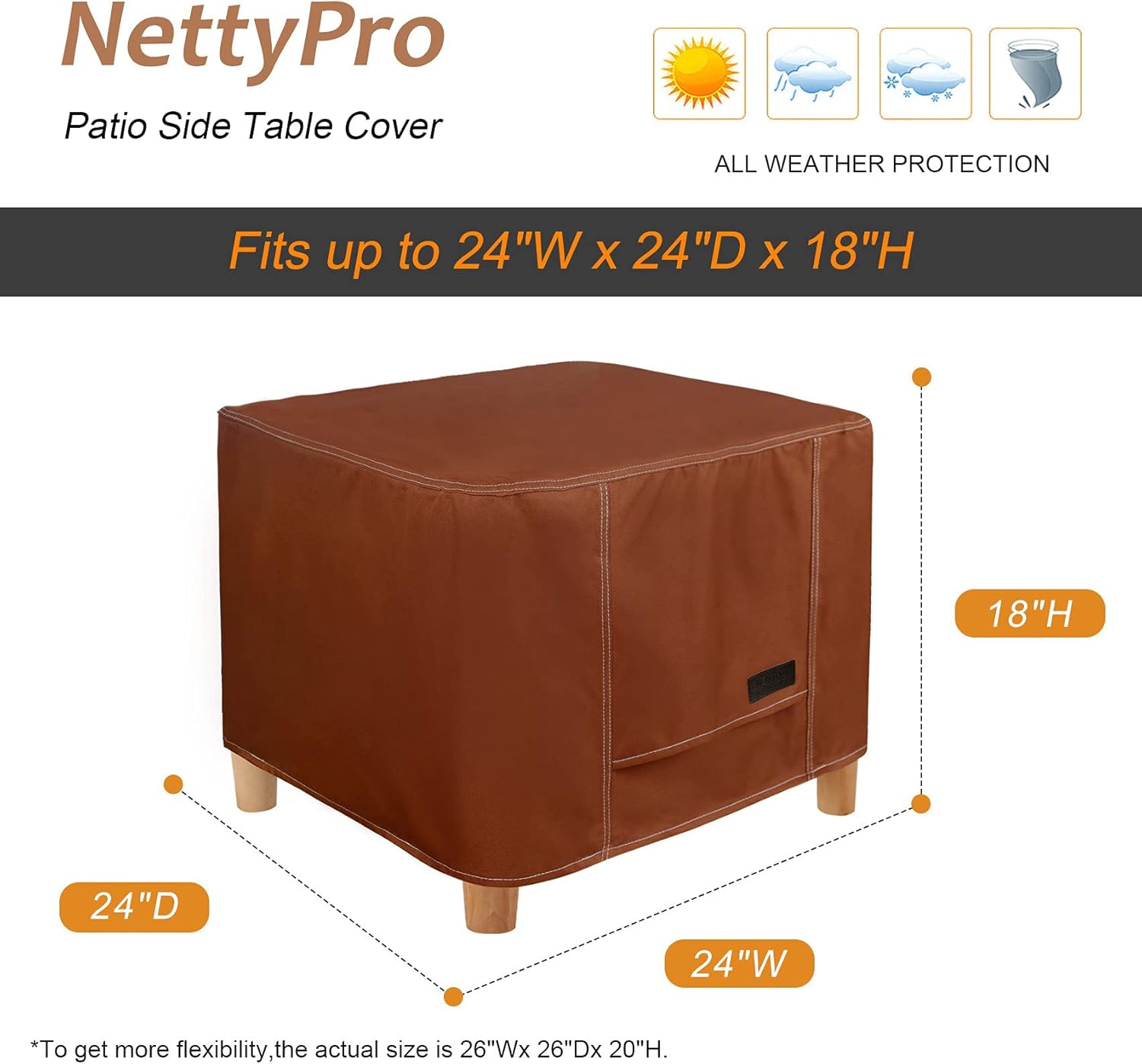 NettyPro Waterproof Outdoor Furniture Side Table Cover 24 x 24 Inch Patio Square Ottoman Table Cover All Weather Protection